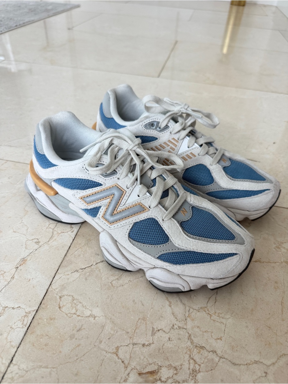 New Balance Kids Blue and White Athletic Sneakers with Gold Accents